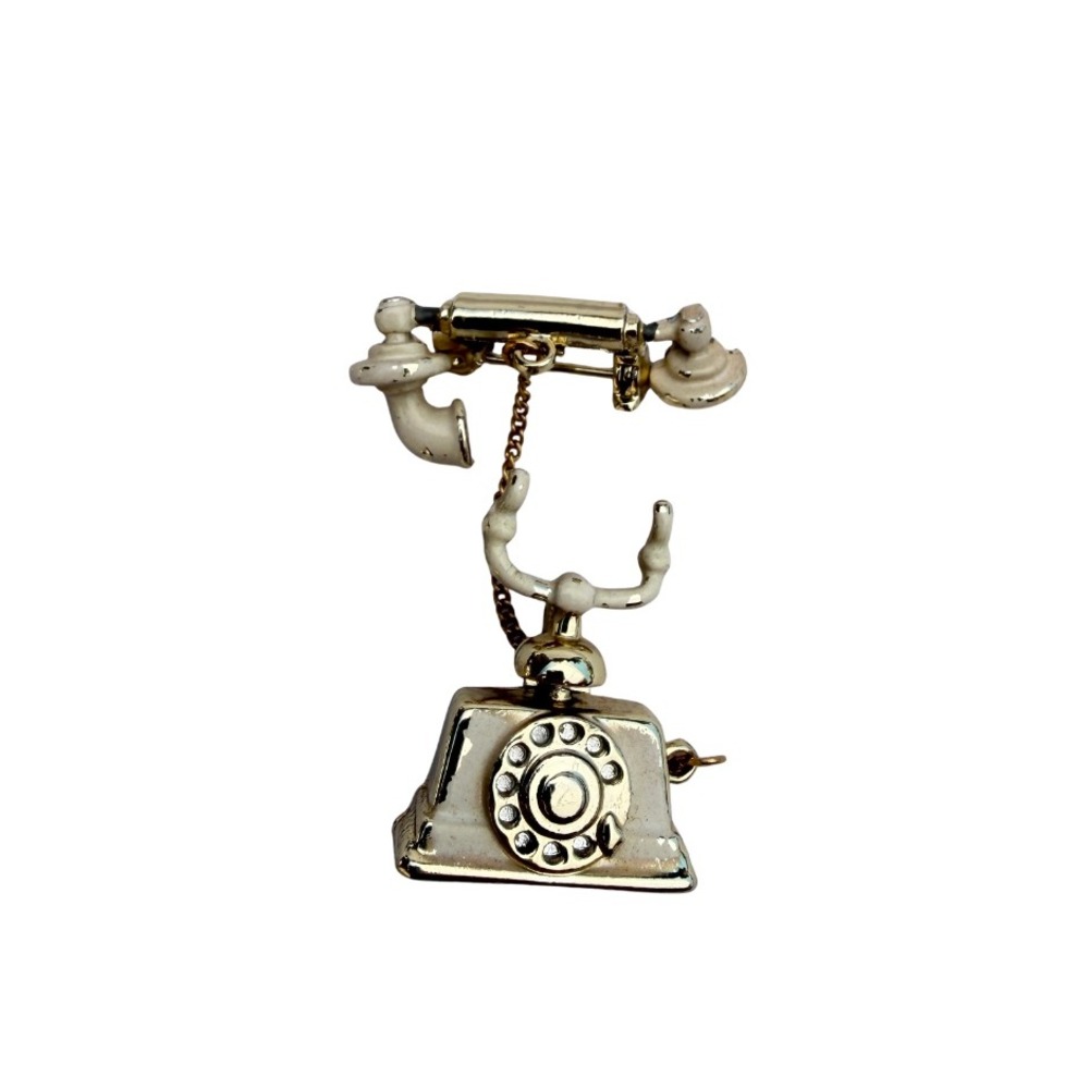 Rotary Telephone Double Brooch Vintage Style Gold Tone Novelty Costume Jewelry